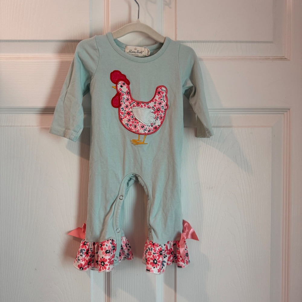 Marie Nicole Romper Baby Girls 0-3M Mint Green Floral Chicken Ruffle Bows